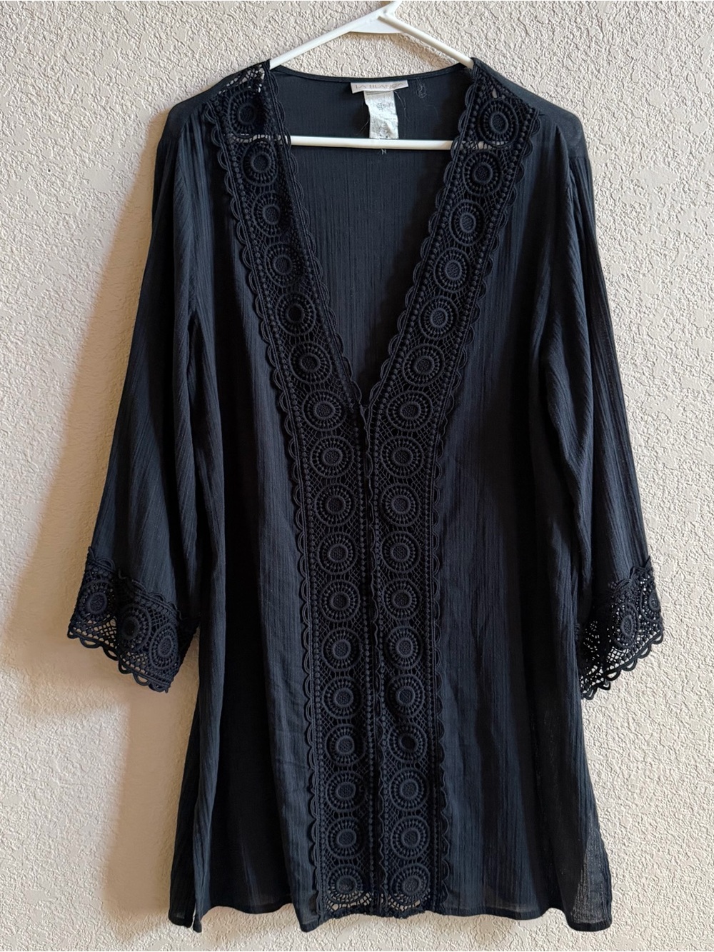 La Blanca Cover Up Island Fare Tunic V Neck Crochet Black Womens Size Medium